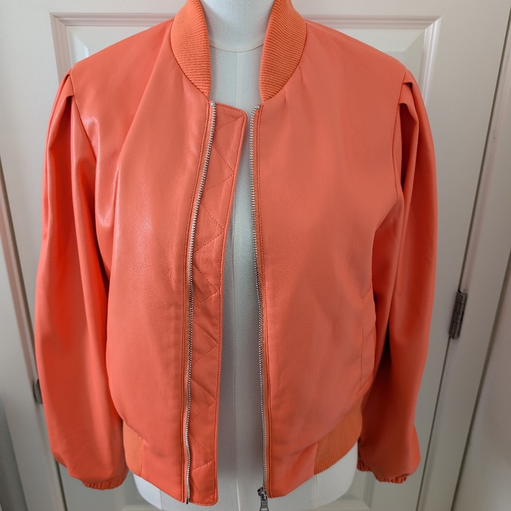 HOUSE OF HARLOW Bomber Jacket Vegan Leather Coral Size Medium NWT - Picture 6 of 13